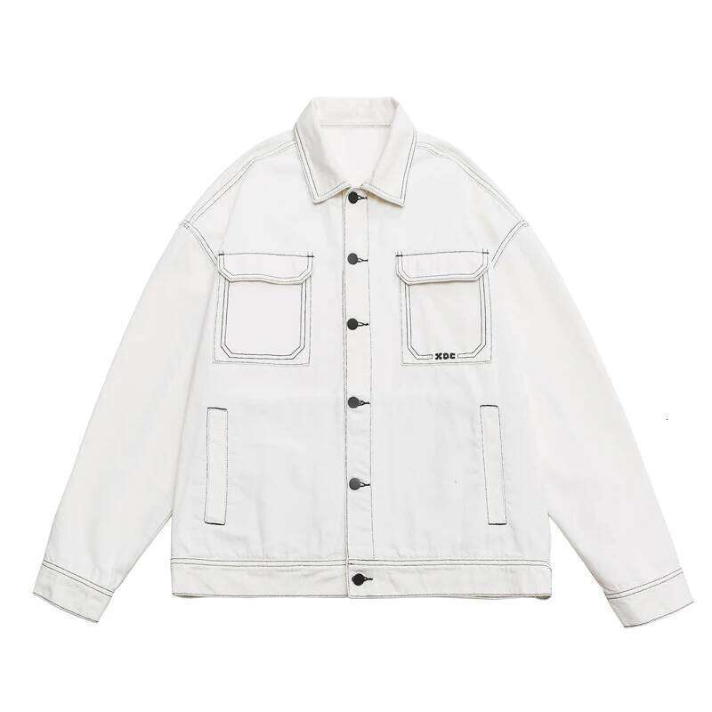 Designer Clothing 2025 Men's Fashion Baggy Jacket Streetwear Large Pocket Contrast Design Oversized Black White Washed Denim Coats Autumn