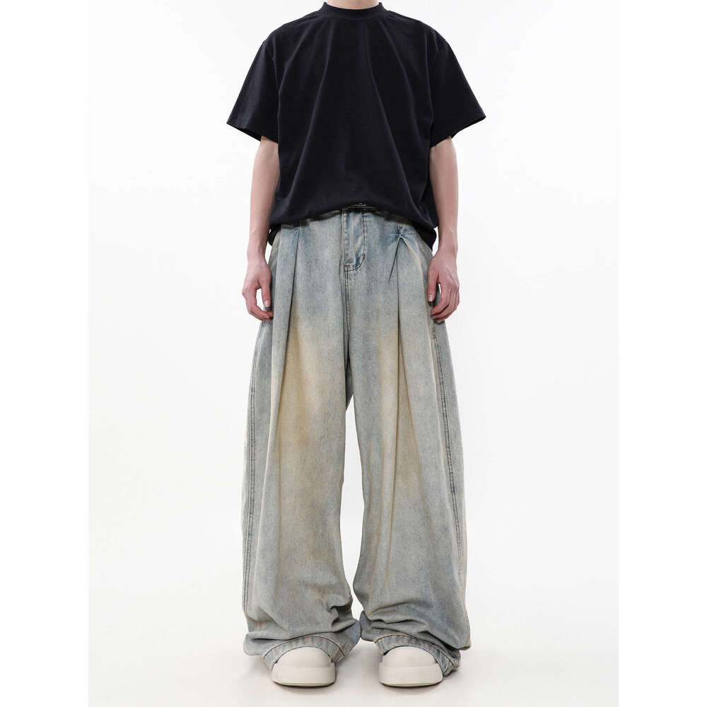 American Style Wrinkled Washed Jeans For Men, Niche High-End Loose Wide-Leg Floor-Length Pants B5