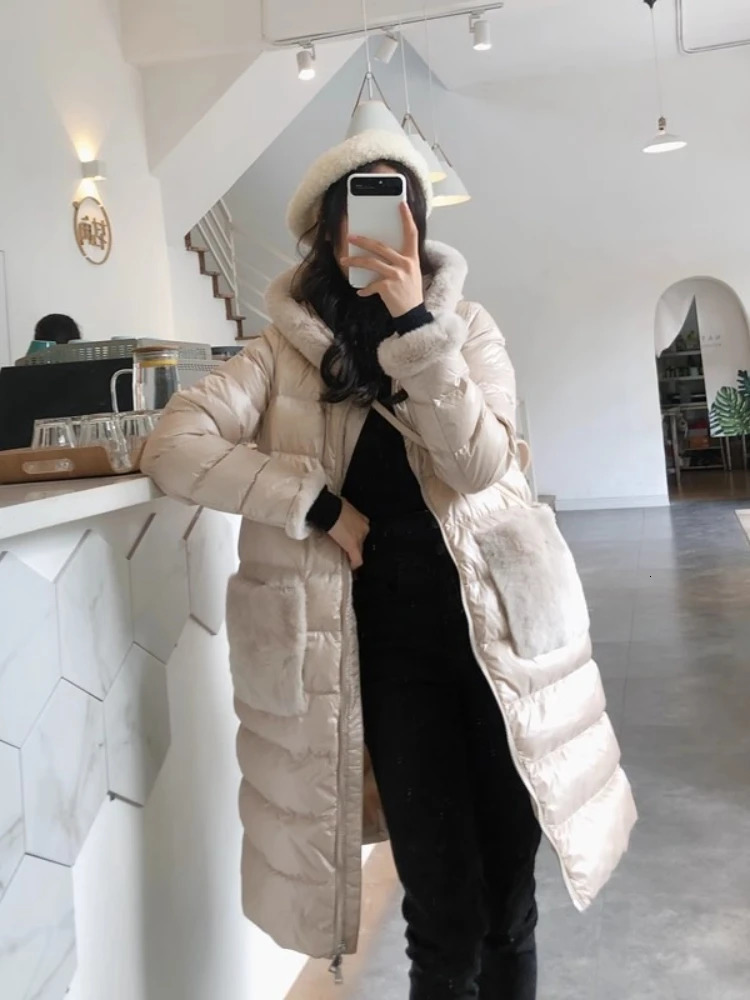 Winter Down Jacket Women Rabbit Fur 90% Collar Hooded White Duck Puffer Coat Female Warm Windproof Parkas Ladies 250811