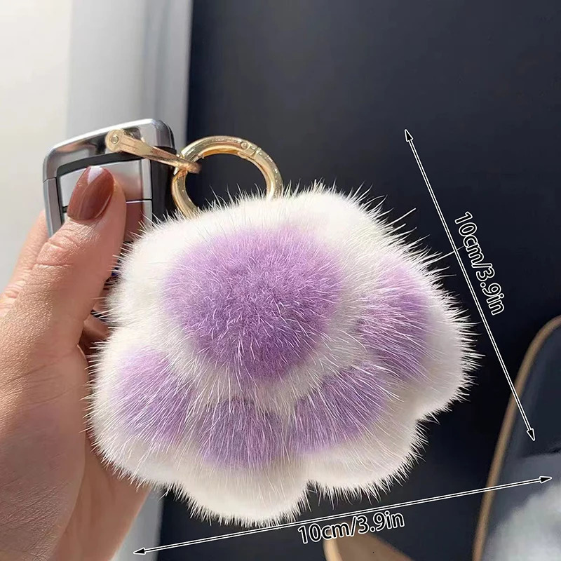 Pink Black Fluffy Cat Paw Keychain Hair Pompon For Women Girls Cute Pendant Car Key Ring Bag Decor 250804