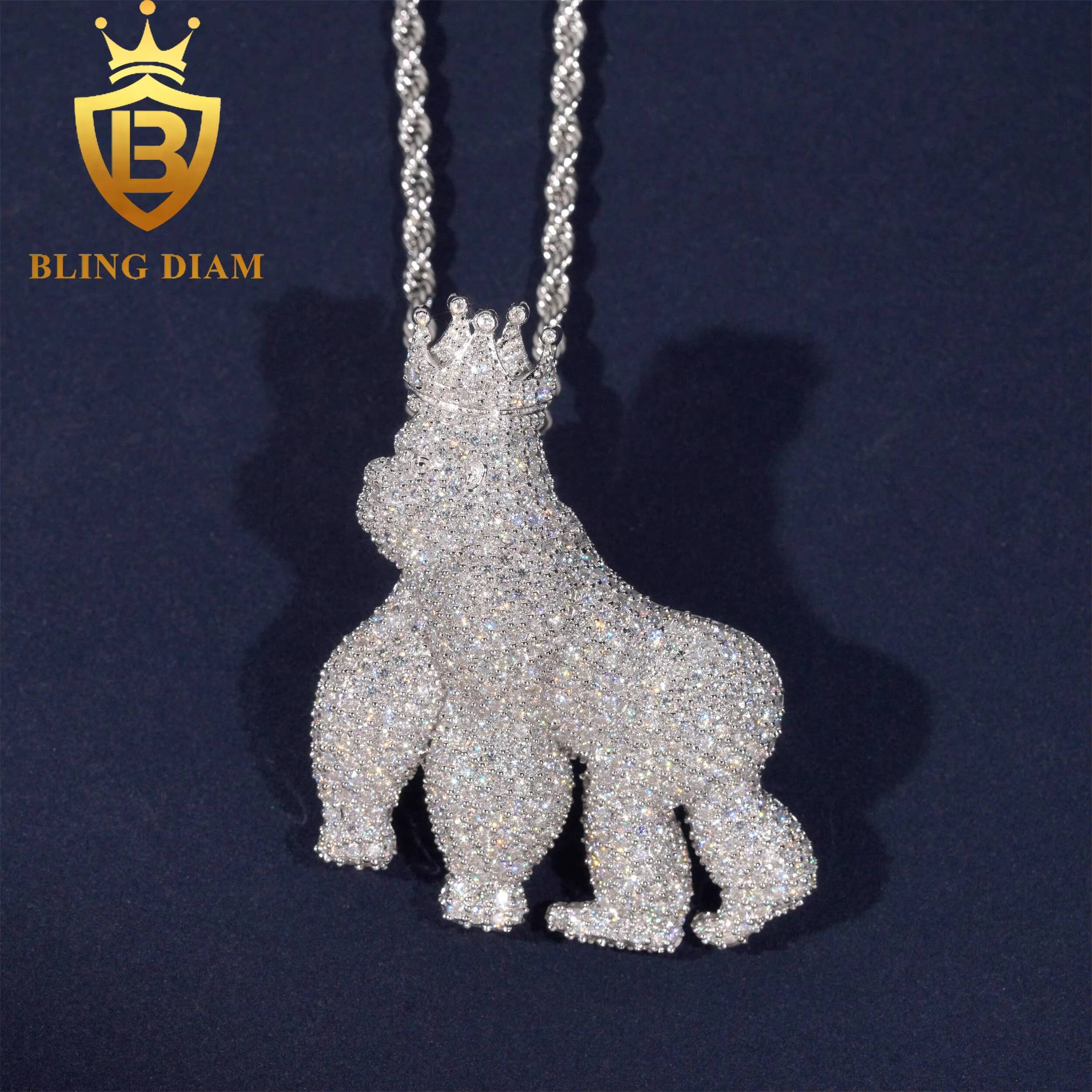 Hip Hop 925 Sterling Silver Vvs Moissanite Animal Gorilla Crown Charms Diamond Iced Out 3D Pendant Necklace