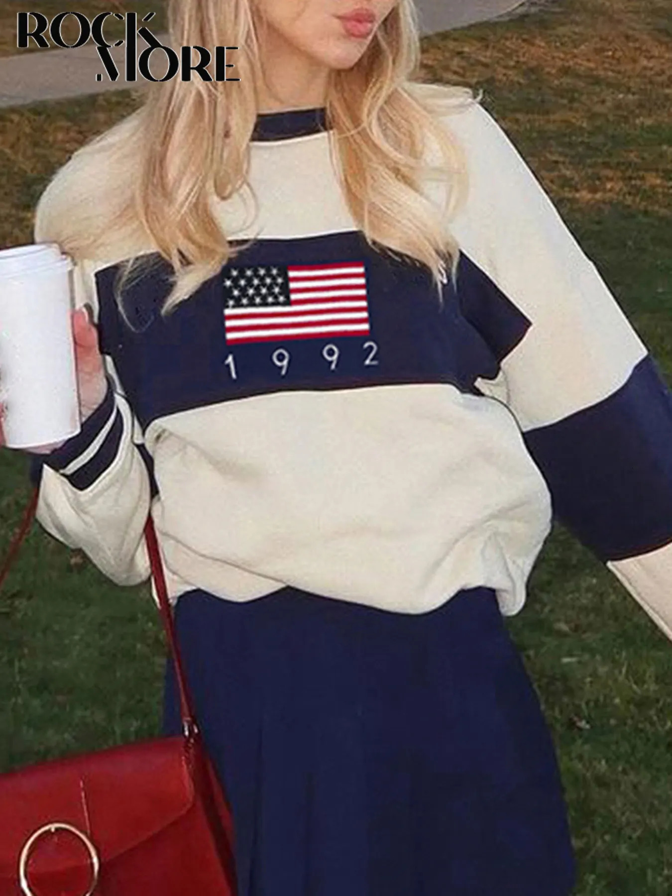 Rockmore Preppy Style American Flag Print Knitted Sweater Women Y2k Clothes Vintage Casual Streetwear Full Sleeve Oneck Pullover 250808