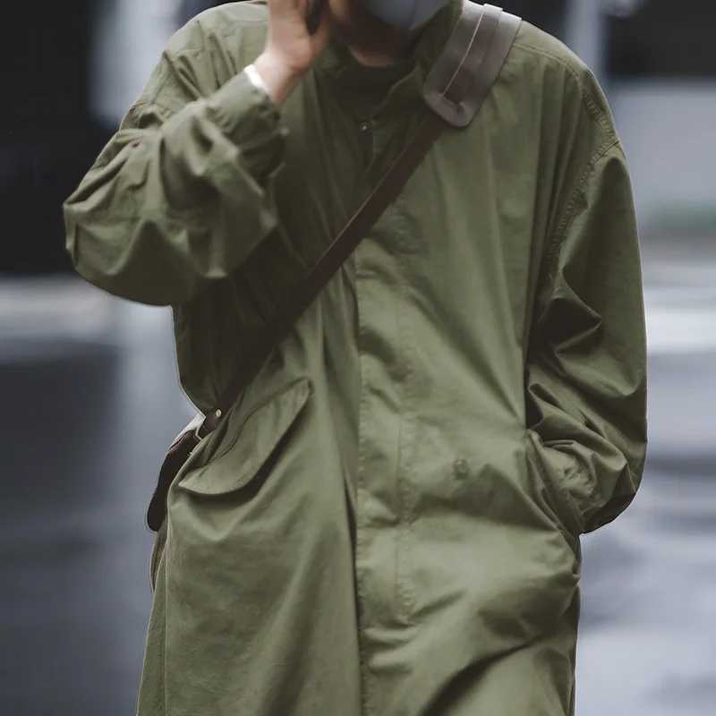 Mens Vintage M5 Fishtail Green and Camel Trench Coat Woven Waist Rope Mid-length Oversized Loose Coat for Men W250815