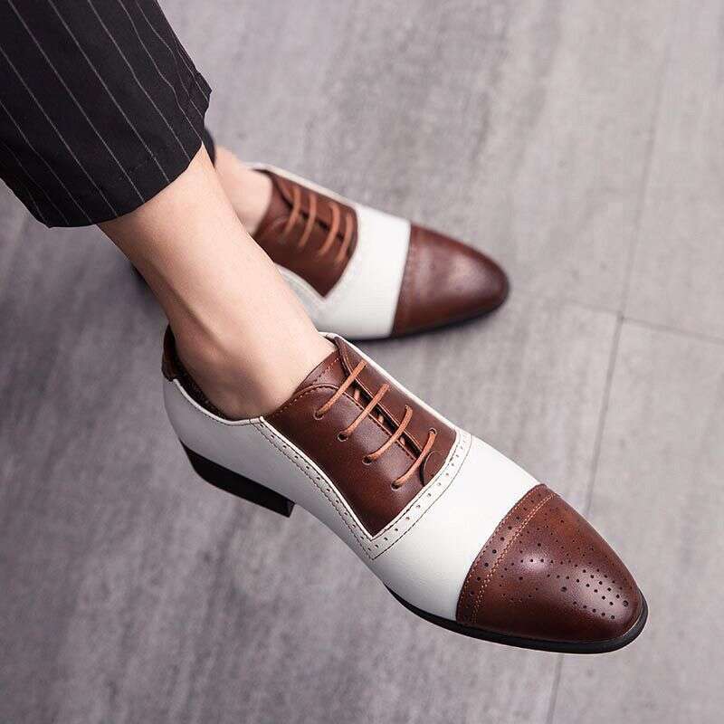 Large Size 2025 New Leather Brogue Color Block Carved Versatile British Business Formal Men's Shoes