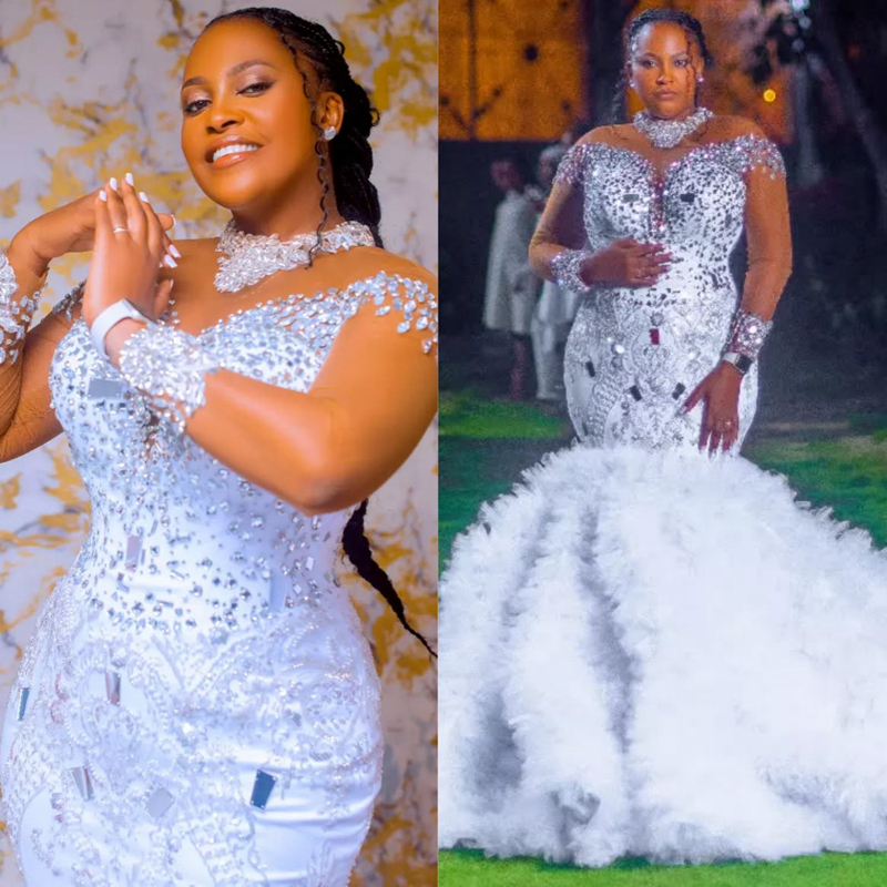 Arabic Aso Ebi Plus Size Off White Mermaid Wedding Dresses 2025 Pearls Beaded Floral Lace Full Sleeves Luxurious Vintage Bridal Gowns Dress D595