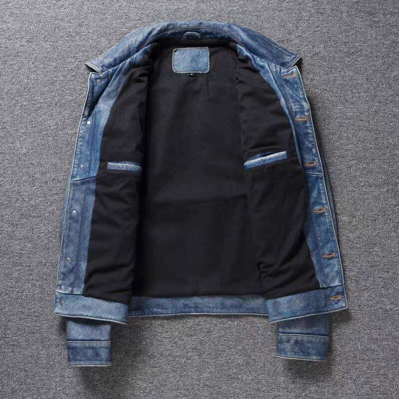 Designer Clothing 2025 Men's Motorcycle Light Blue Ami Khaki Retro Graphite Distressed Denim Genuine Leather Slim Short Jacket
