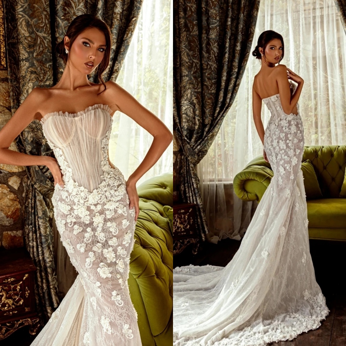 Elegant Wedding Dresses See Through Appliques Bridal Gowns Strapless Sleeveless Illusion Mermaid Backless Customized Vestidos De Novia Plus Size