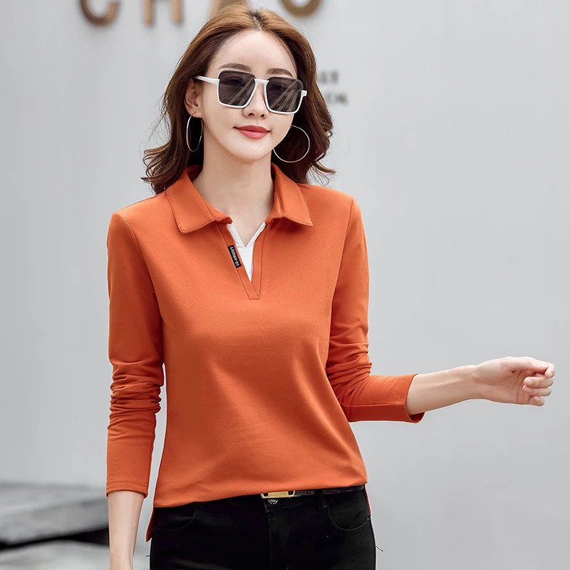 Korean Autumn Woman Polo Neck Shirt Cotton Solid Color Long Sleeve TShirt Patchwork Womens Shirts For Women 250814