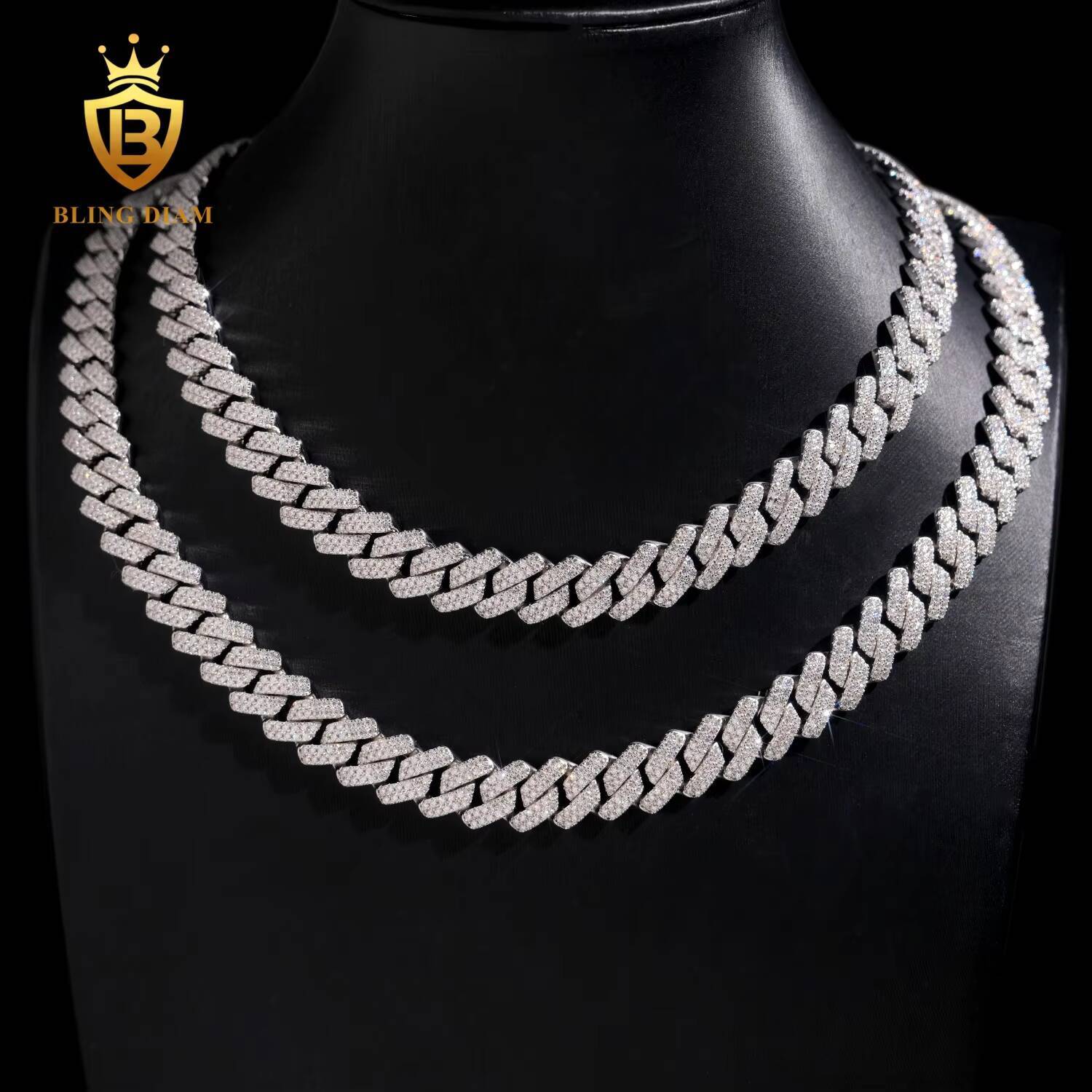 Fashion Male Necklaces 14mm Two Rows Iced Out Hip Hop 925 Sterling Silver VVS Moissanite Miami Cuban Link Chain