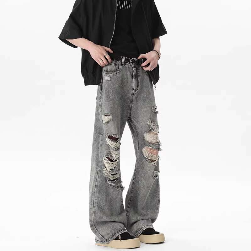 Summer Thin Ripped Jeans For Men American High Street Vibe Style Unique Design Loose Destroyed Pants B5
