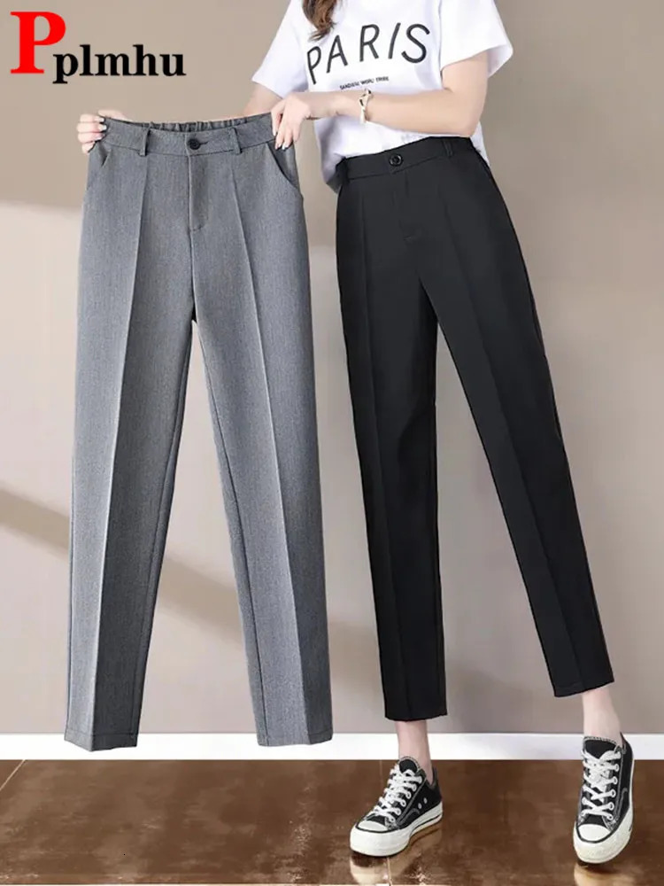 Women Formal Baggy Straight Suit Pants Female Office Elastic High Waist Loose Pantalones Korean Solid Casual Calcas Feminina 250808