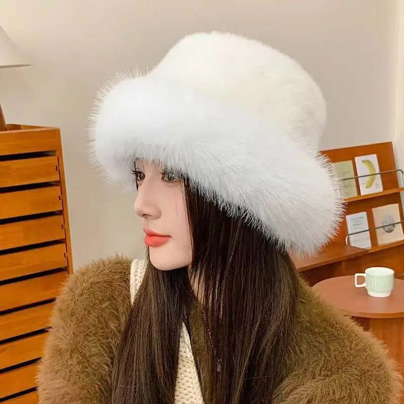 Winter Faux Fur Hat Fluffy Bucket Hat for Women Plush Hat Thicken Snow Windproof Rabbit Fur Russian Hat Bonnet 250808