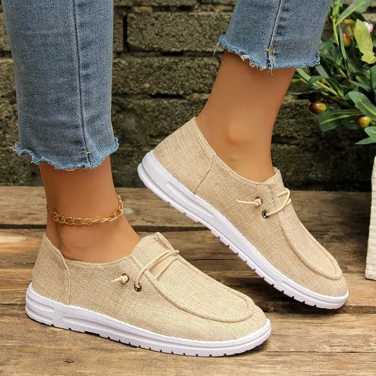 Plus Size 43 Womens Casual Flat Shoes Fashion Lace-up Round Toe Canvas Shoes Breathable Ladies Walking Sneakers Zapatos Mujer 250809