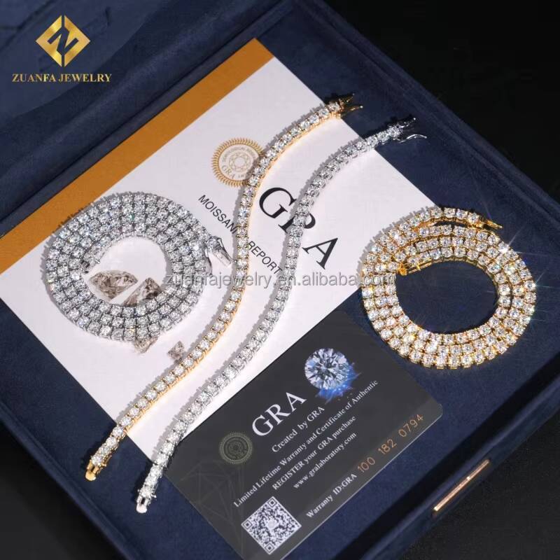 Ship From USA Hot Selling Iced Out Hip Hop Silver S925 4mm VVS1 Moissanite Diamond GRA Certificate Tennis Chain Bracelet Set