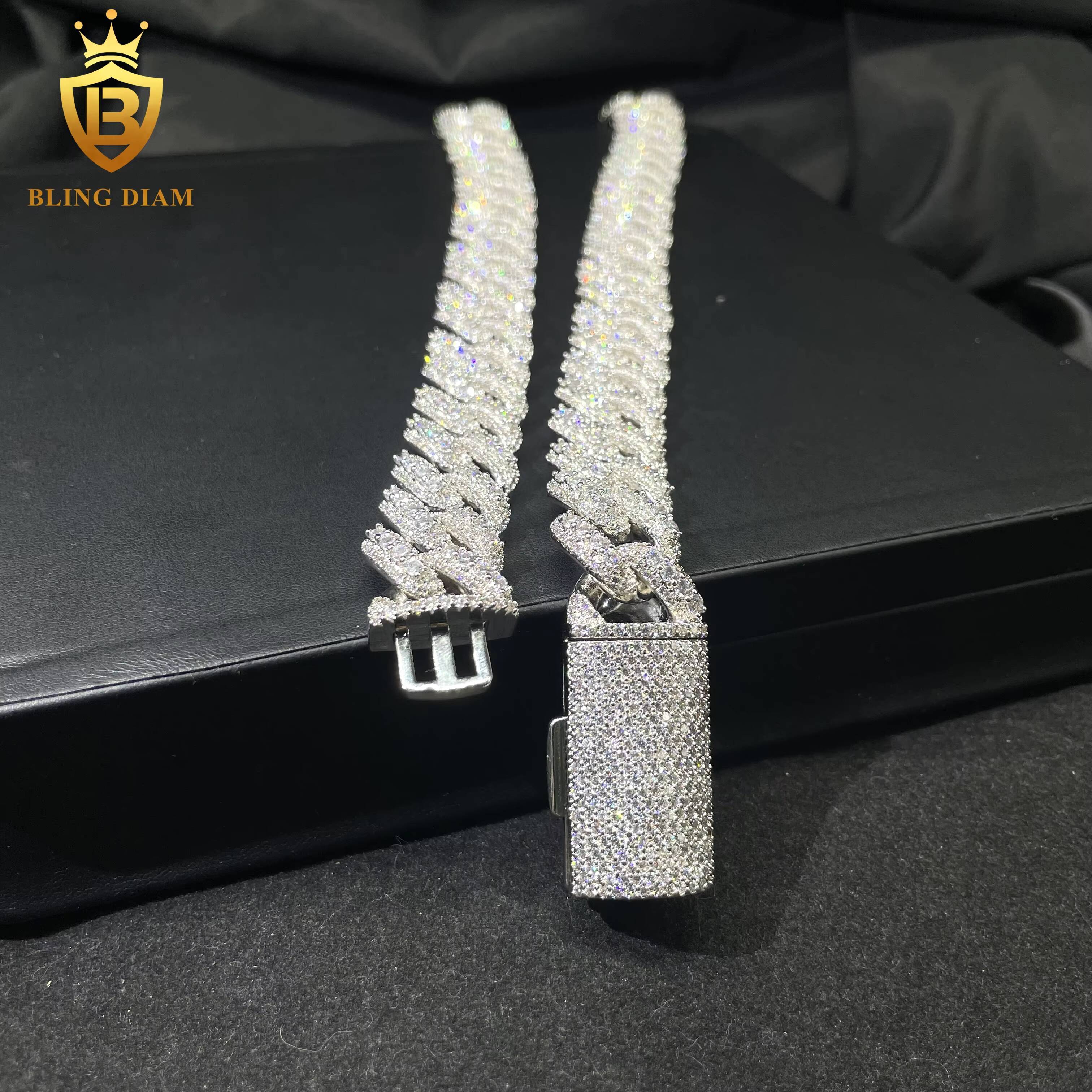 Fine Jewelry Hip Hop Style 18mm 925 Silver Plated Moissanite Iced Out Diamond Cuban Link Chain Necklace