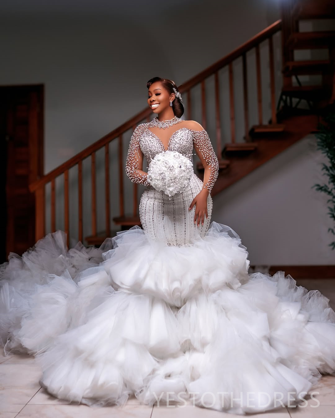 2025 Plus Size Luxurious Off White African Wedding Dress Bridal Gowns For Bride High Neck Tiered Tulle Beaded Lace Rhinestones Wedding Gowns For Black