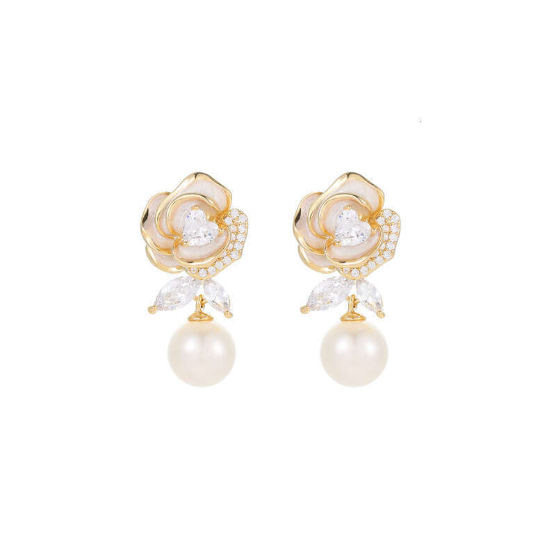 French Style Glazed Camellia Pearl S Sier Needle High-end Simple Fashion Stud Elegant Sweet Earrings