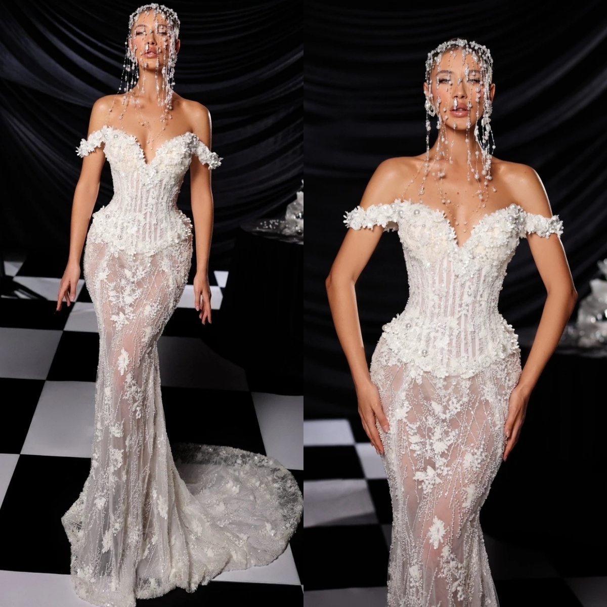 Exquisite Pearls Wedding Dresses Appliques Bridal Gowns Off Shoulder Beading See Through Mermaid Customized Vestidos De Novia Plus Size