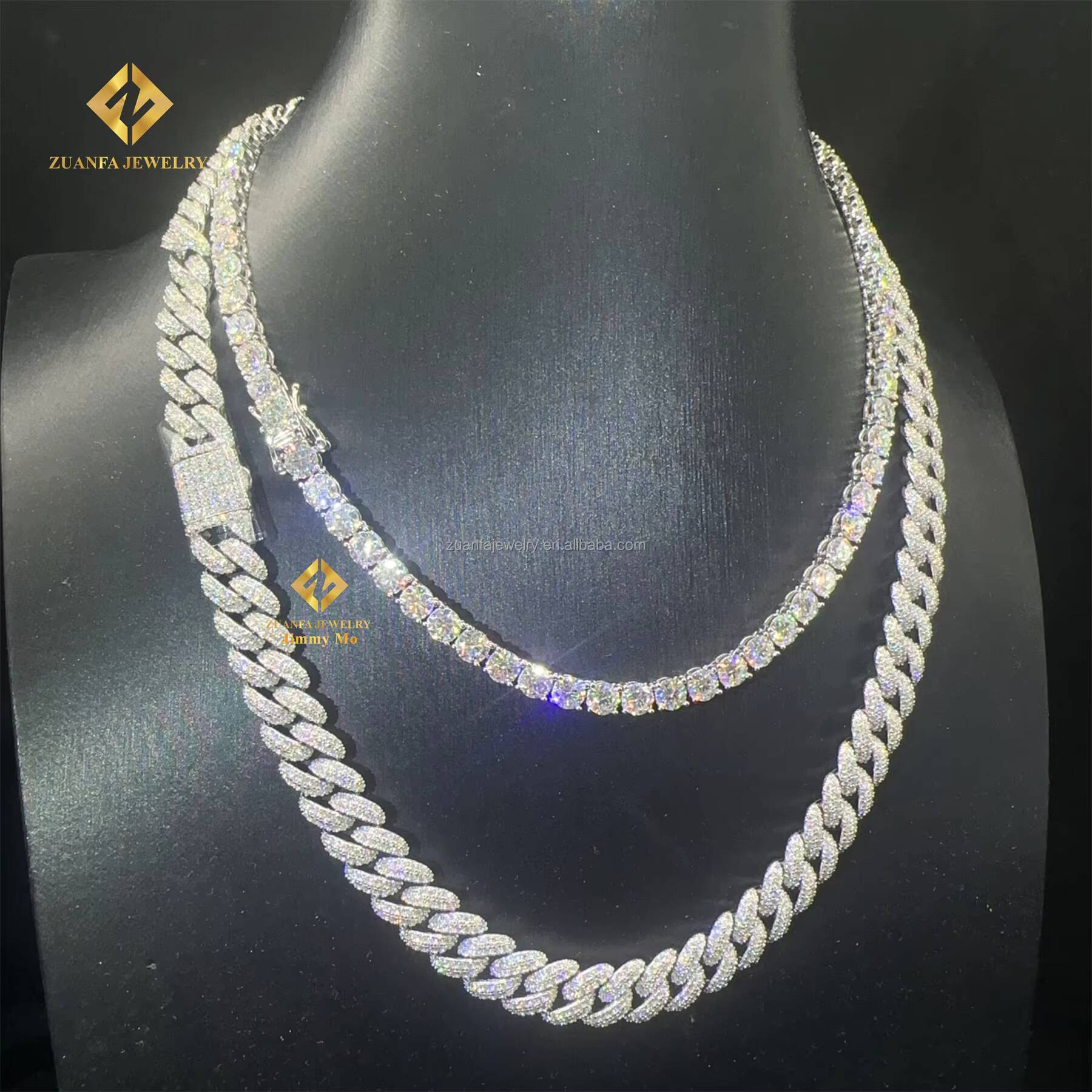Hot Selling Fire Jewelry Lowest Price 10mm Iced Out Man Hip Hop Pass Diamond Tester Moon Shape Moissanite Miami Cuban Link Set