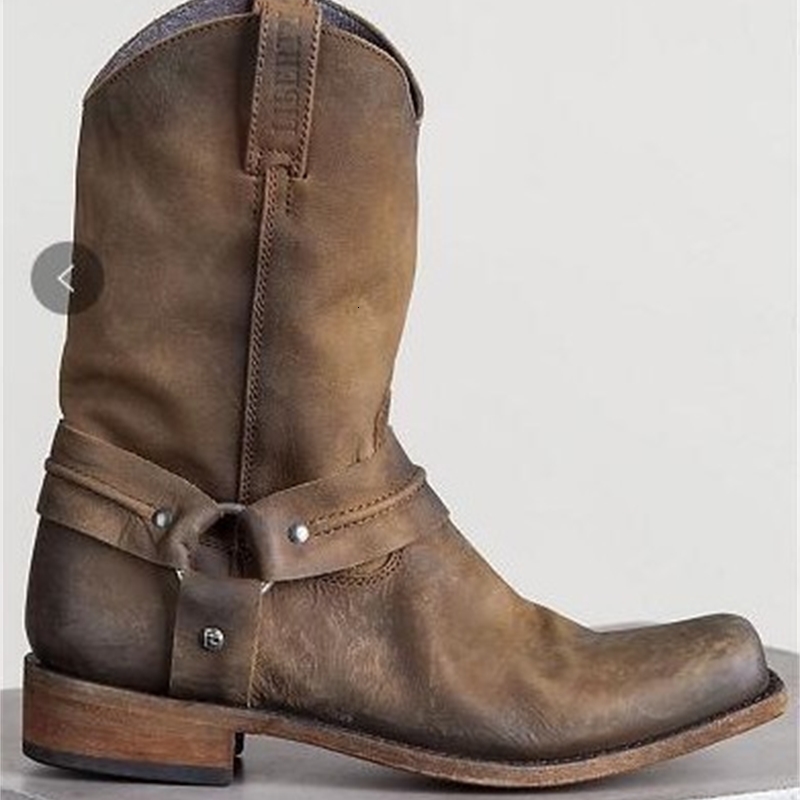 Retro Cowboy Boot Men Mid Calf Outdoor Vintage PU Slip on Shoes Winter Gladiator Booties Unisex Brown Long w250801