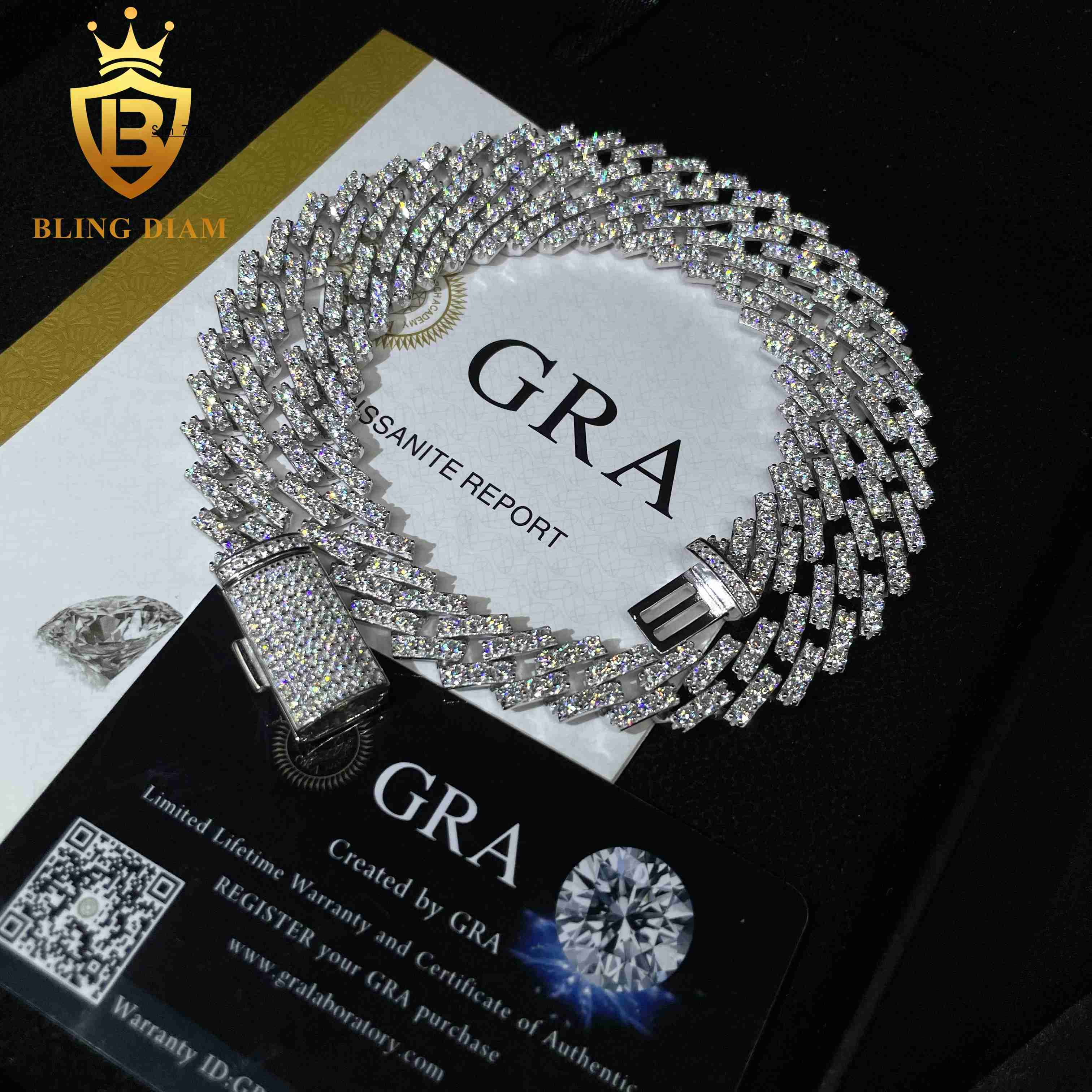 Top Trendy 13mm 2 Rows 925 Sterling Silver Iced Out Vvs Moissanite Diamond Cuban Chain Hip Hop Necklace Jewelry