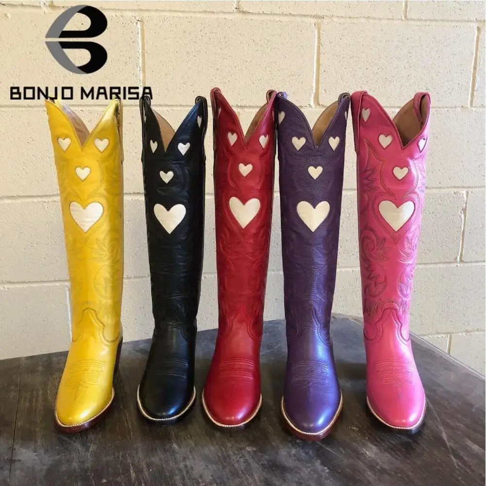 Fashion Colorful Love Heart Colorful Ridding Western Boots For Women Cowgirl Cowboy Chunky Heel Women Mid Calf Boots 250809