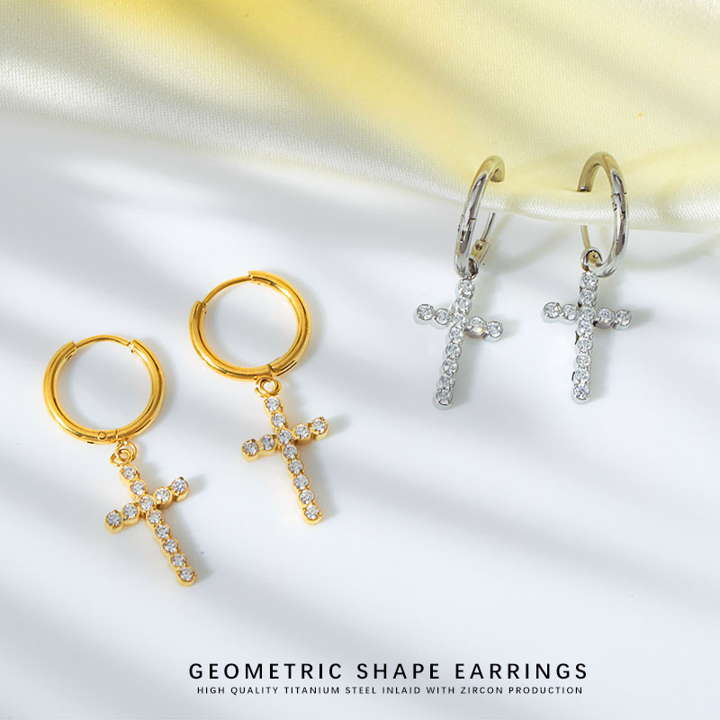 Titanium Steel Zircon Non-Fading Cross Anti-Allergy Beach Earrings for Women Summer Elegant Light High-End Feel Jewelry for Women