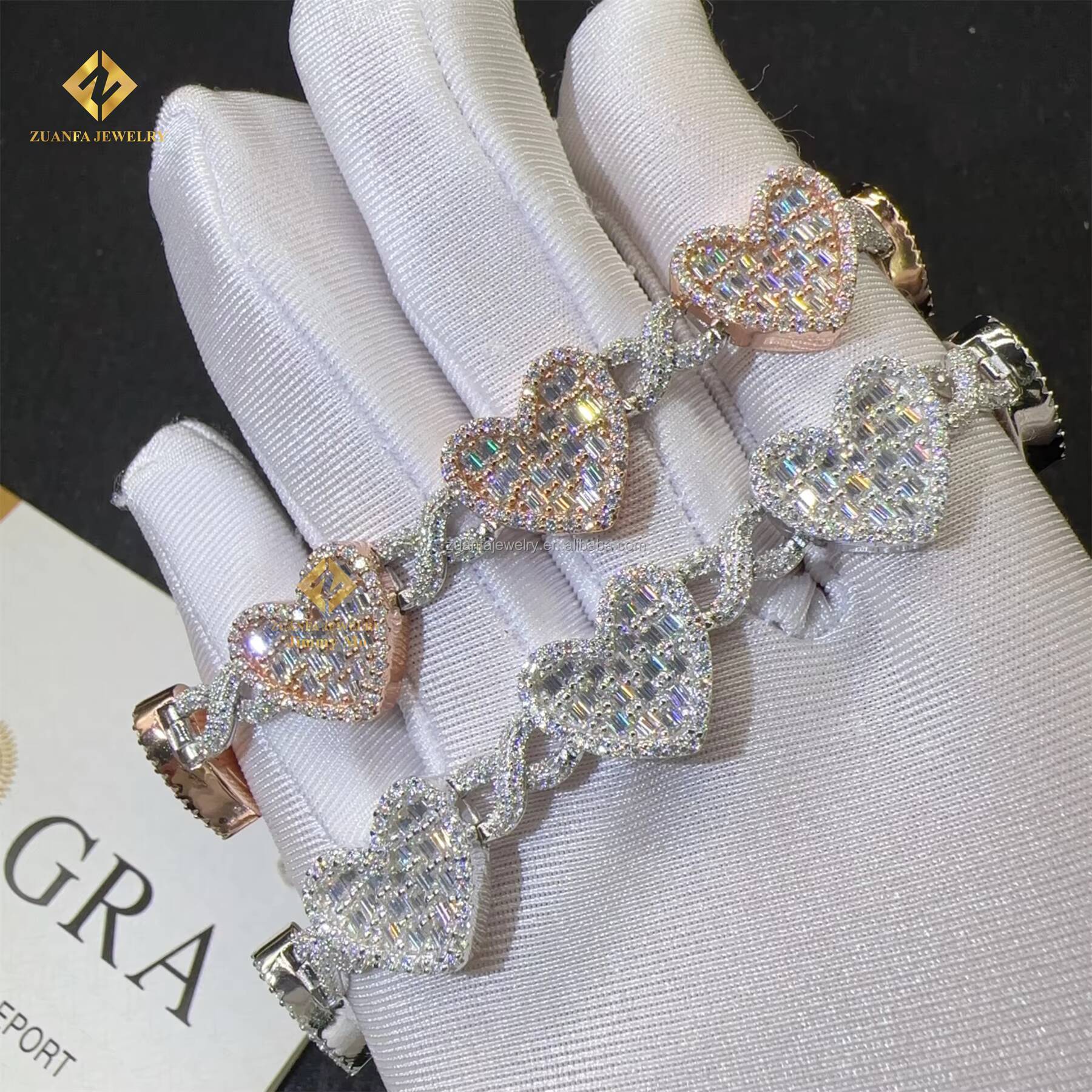 Best Selling Shining Fire Jewelry Rapper 925 Sterling Silver 14mm Man Hip Hop Iced Out Moissanite Diamond Heart Cuban Bracelet