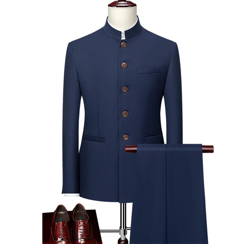 Plus Size 6XL-M Tang Suit Men Chinese Style Stand Collar Suits Groom Wedding Fashion Slim Fit Blazer Pants Tuxedo 2 Piece 250811