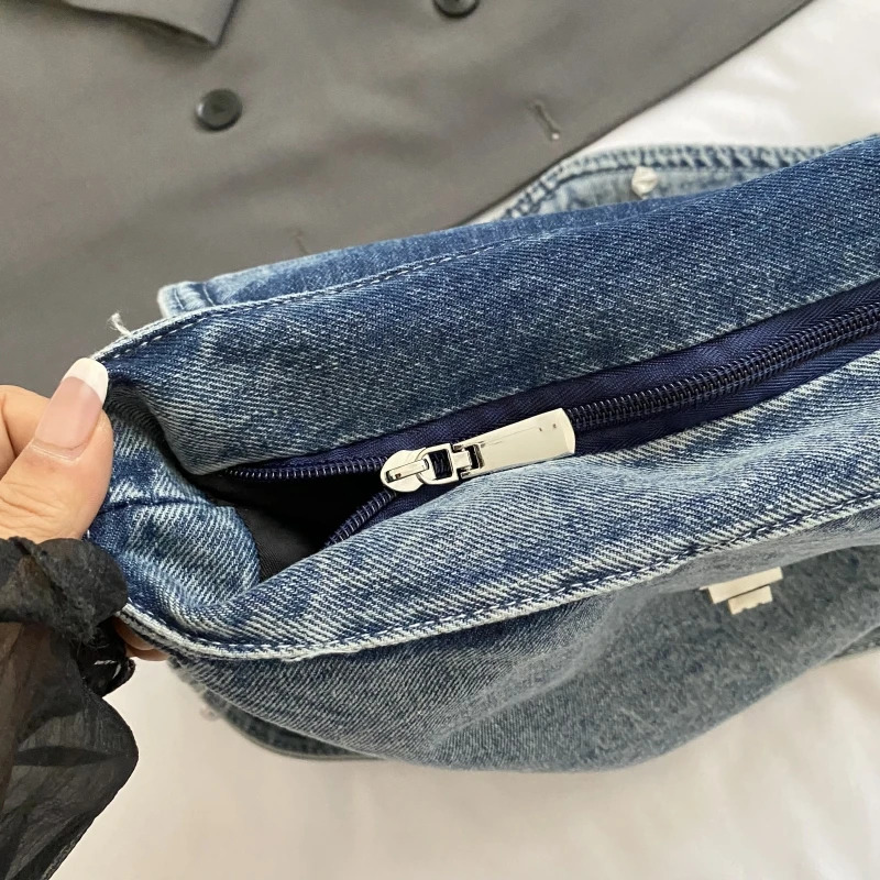 Denim Fabric Flap Messenger Bags For Women Blue Large Capacity Shoulder Crossbody Bag Casual Street Zippered Retro Handbags 250809