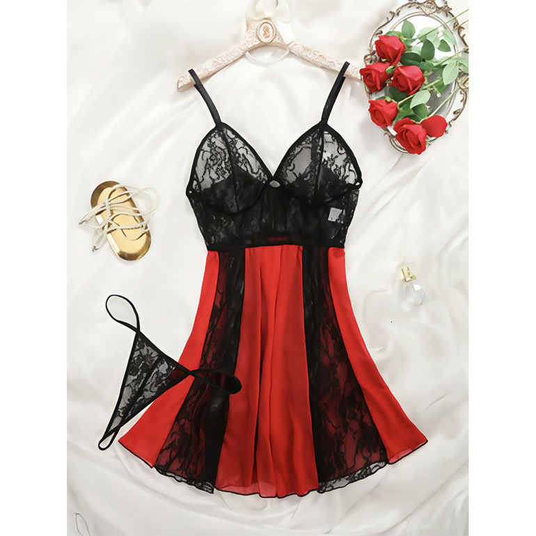 Plus Size Sexy Floral Lace Patchwork Pajama Set, Deep V Camisole Dress and Thong, Women's Sexy Clothing hot-sale products