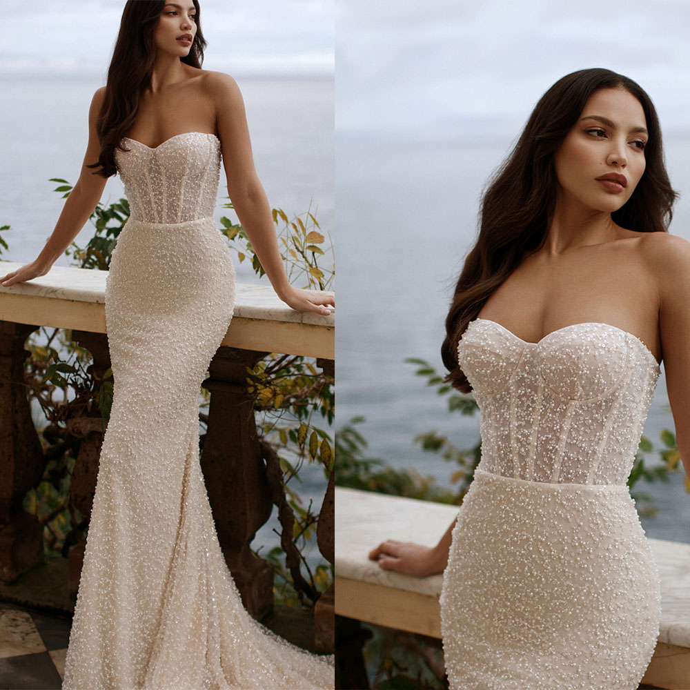 Simple Mermaid Wedding Dress Sweetheart Neck Sleeveless Bridal Gowns Sequins Beaded Sweep Train Dresses Custom Made vestidos de novia