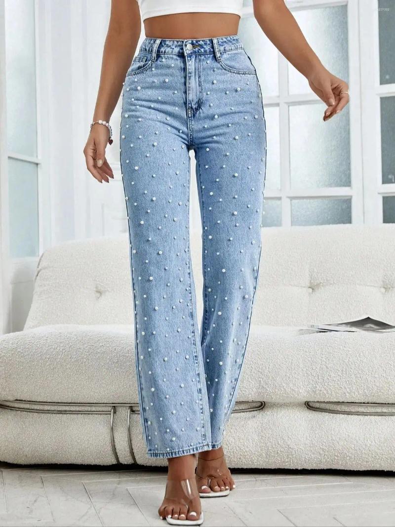 Women's Jeans Women Straight-Leg Denim With Fashion Faux Pearl Detail Casual Style Non-Stretch Light Blue Mid-waist Pants