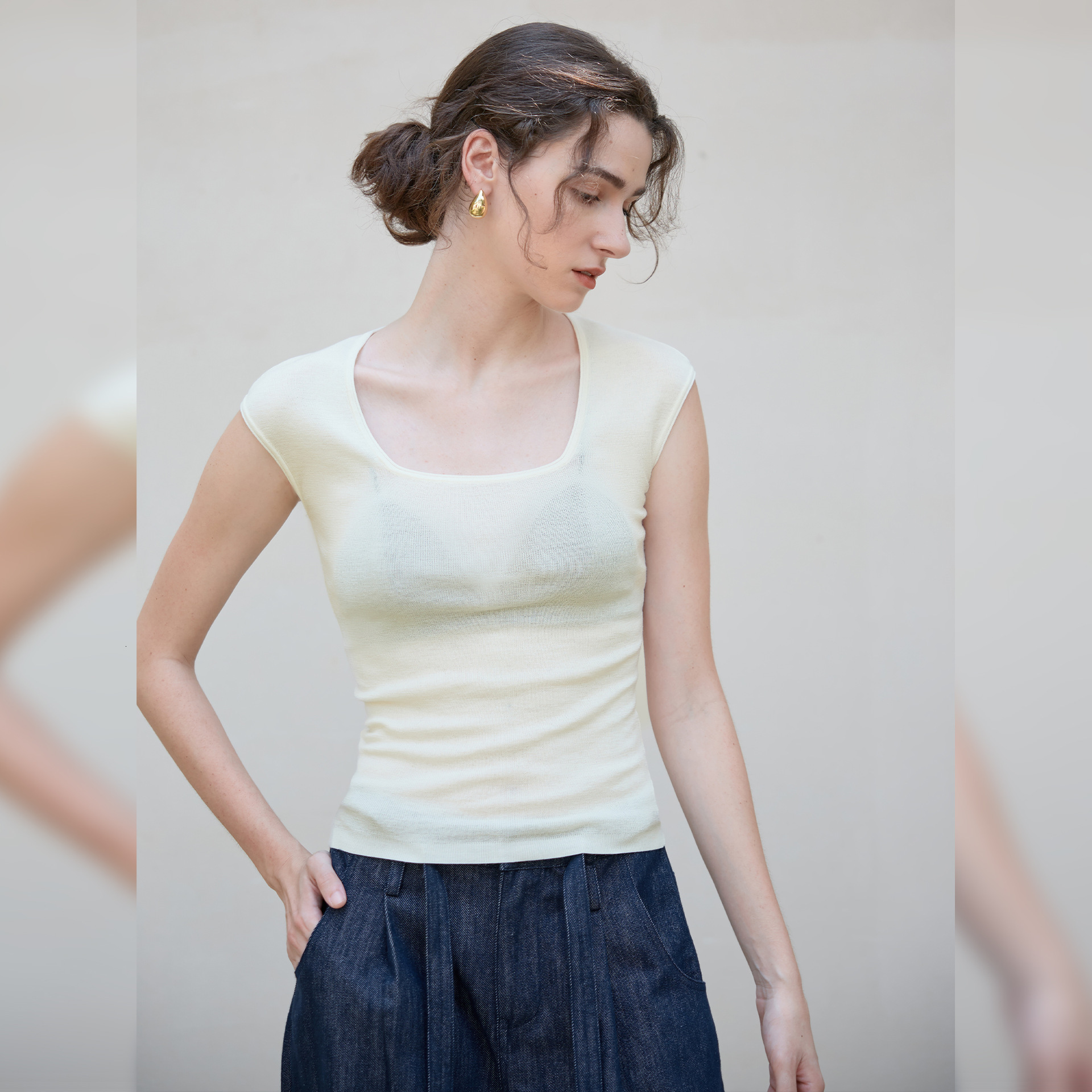 High-End Wool Knit Sweater Old Money Style Square Neck T-Shirt Summer Slim Fit Stretch Thin Short Sleeve Top