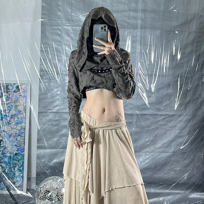 Post Apocalyptic Distressed Ripped Hoodie American Long Sleeve Jazz Sexy Cropped Top Harajuku Y2K Subculture Street Sweatshirt 250814