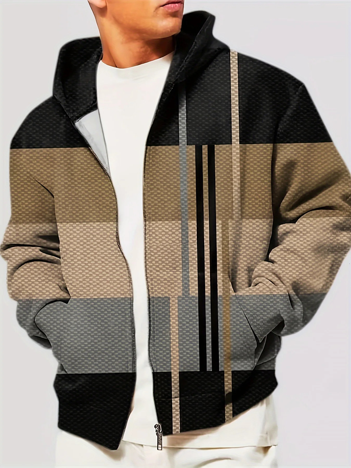 Mens Plus Size Digital Print Color Block Casual Hooded Jacket With Pockets Zipper Lapel Shirt Outdoor Fashion Tops 250814