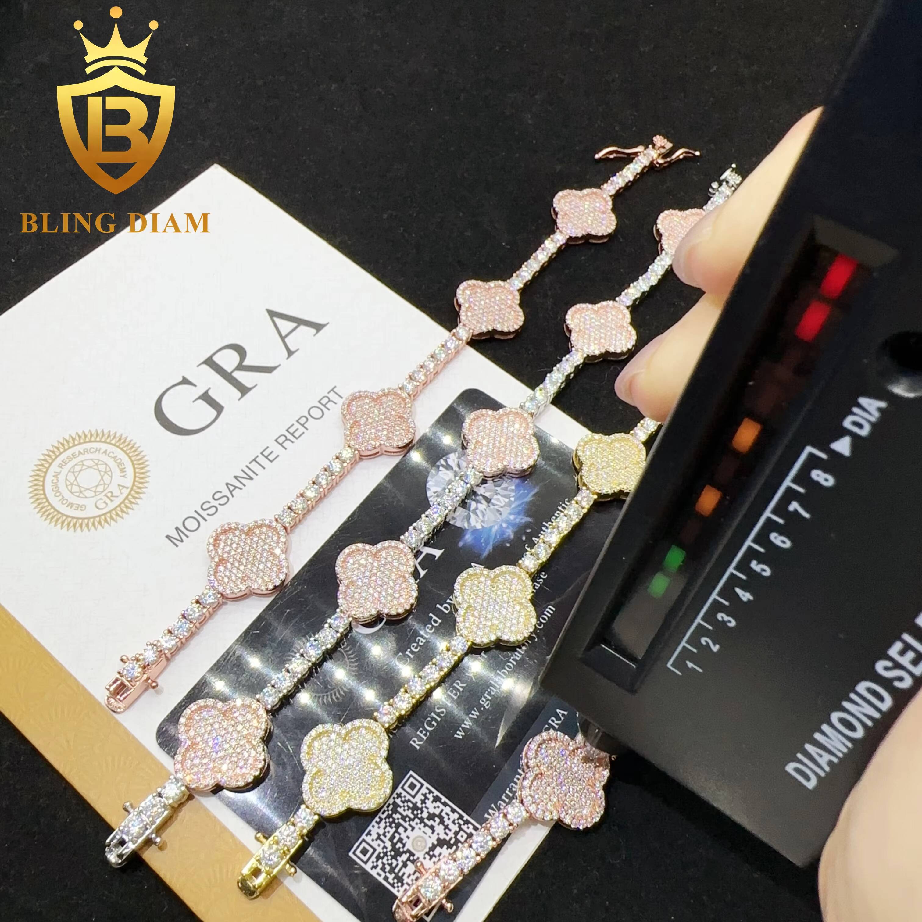 Wholesale Price 925 Sterling Silver Vvs Moissanite Diamond Hip Hop Iced Out Jewelry Clover Leaf Tennis Chain Bracelet