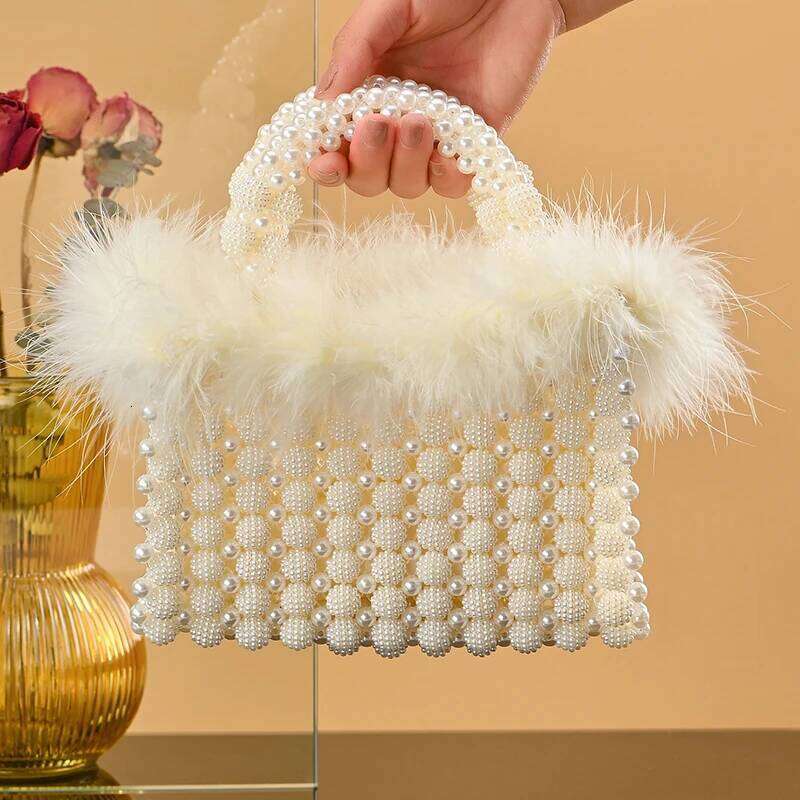 Designer bag 52 Fashion Bags For Ladies Pearl Beaded Plush Handbag Exquisite Winter Style Soft Fur Handmade Clutch Evening Bag for girle