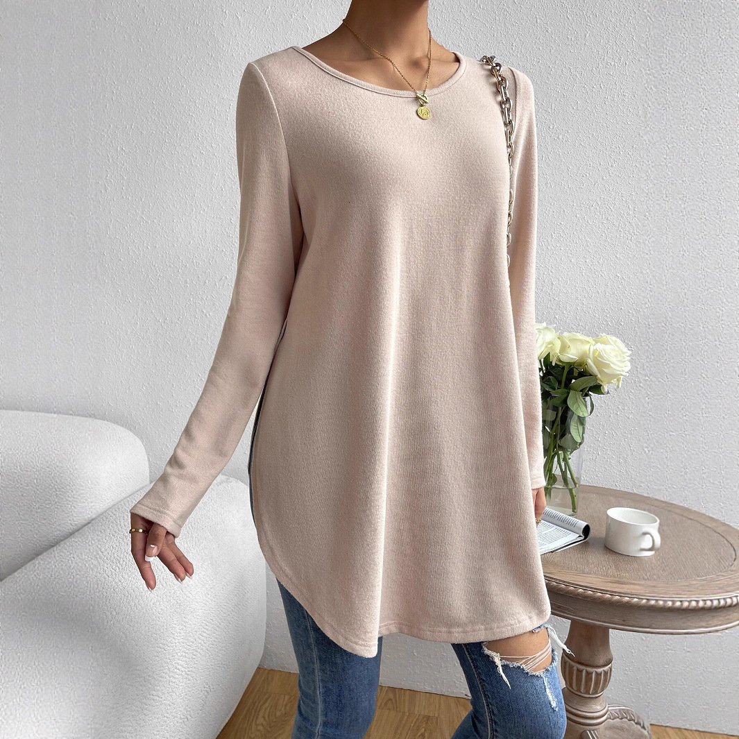 2025 Women's Autumn Winter Casual Side Slit Hem Solid Color Round Neck Long Sleeve T-Shirt