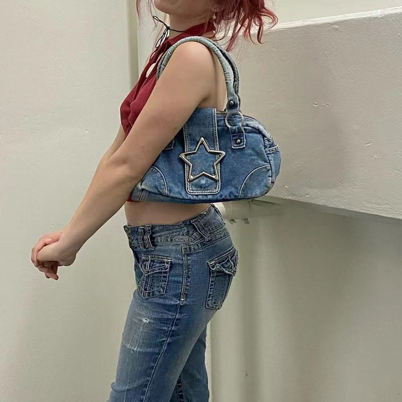 Autumn New Women's Shoulder Bag Fashionable Retro Metal Pentagram Decoration Denim Women's Handbag Single Shoulder Armpit Bag Autumn New Des