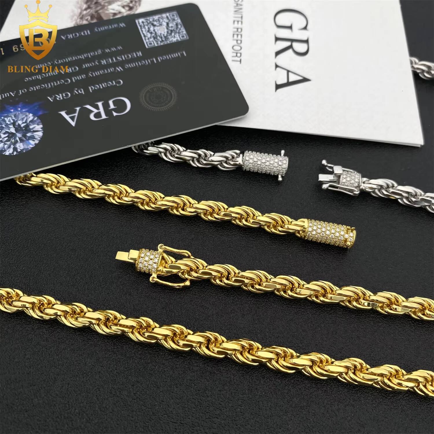 6mm Factory Low Price Hip Hop Jewelry 925 Silver Vvs Moissanite Rope Chain Stainless Steel Necklace