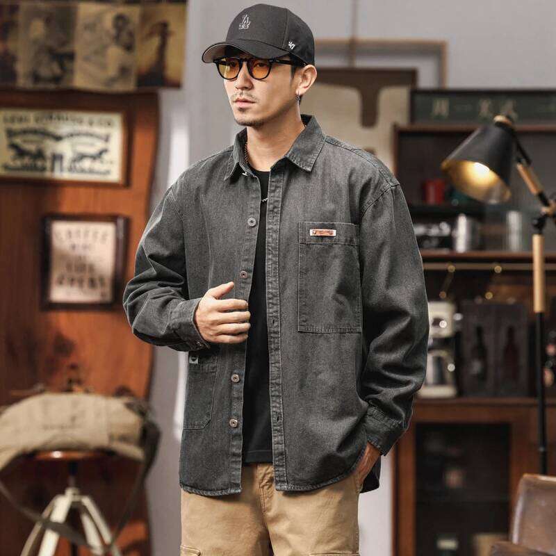 Designer Clothing 2025 American Vintage Cargo Denim Shirt Jacket For Men Streetwear Solid Color Heavyweight Multi-Pocket Workwear Coat Male Clothing