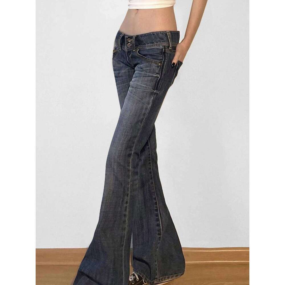 Weekeep Vintage y2k Flared Retro Button-up Low Rise Casual Denim Pants Haruku 2000s Trousers Basic Aesthetic Mom Jeans