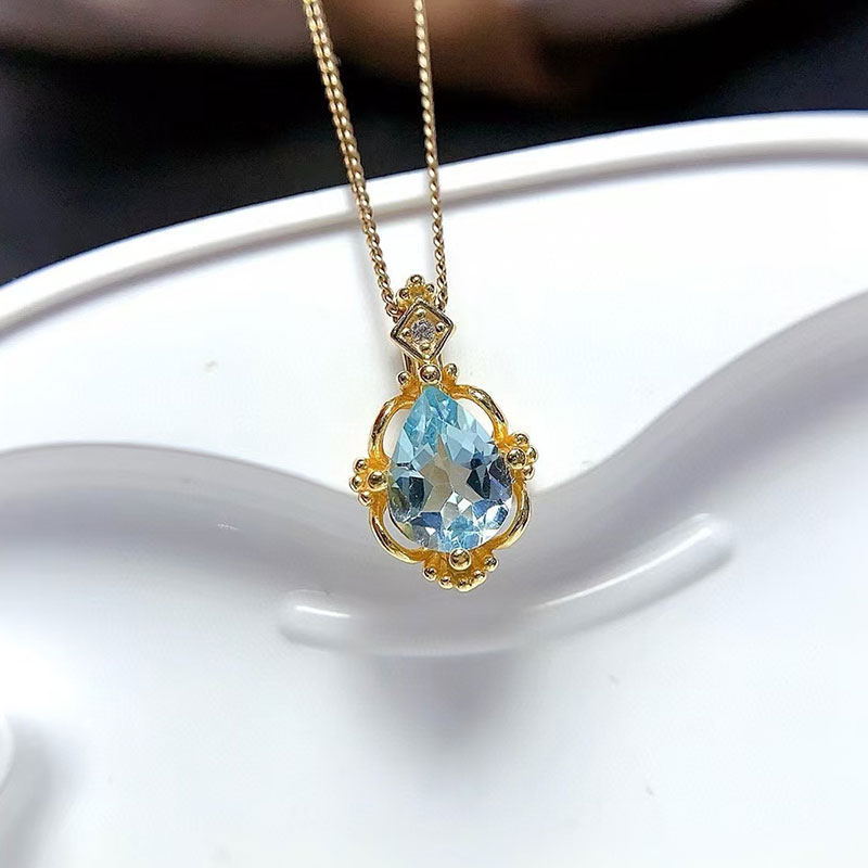 Solid 925 silver necklace pendant natural topaz pendant 6mm*8mm genuine light blue topaz jewelry 18K gold plated gemstone jewelry