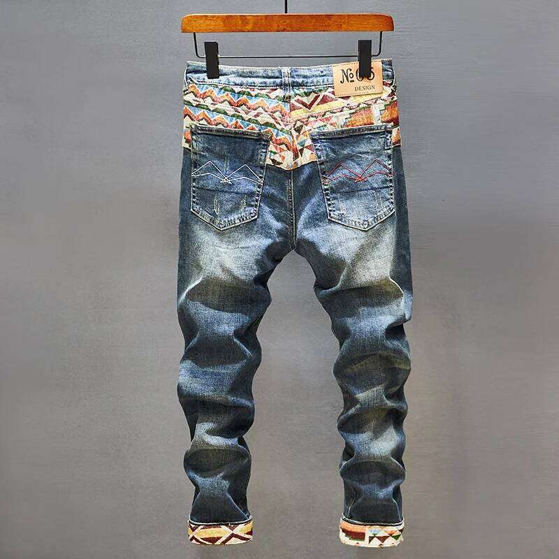 ing Embroidered Printed Jeans Men's Cool Smart Street Fashion Design Pattern Slim Fit Feet High-End Washed Trousers