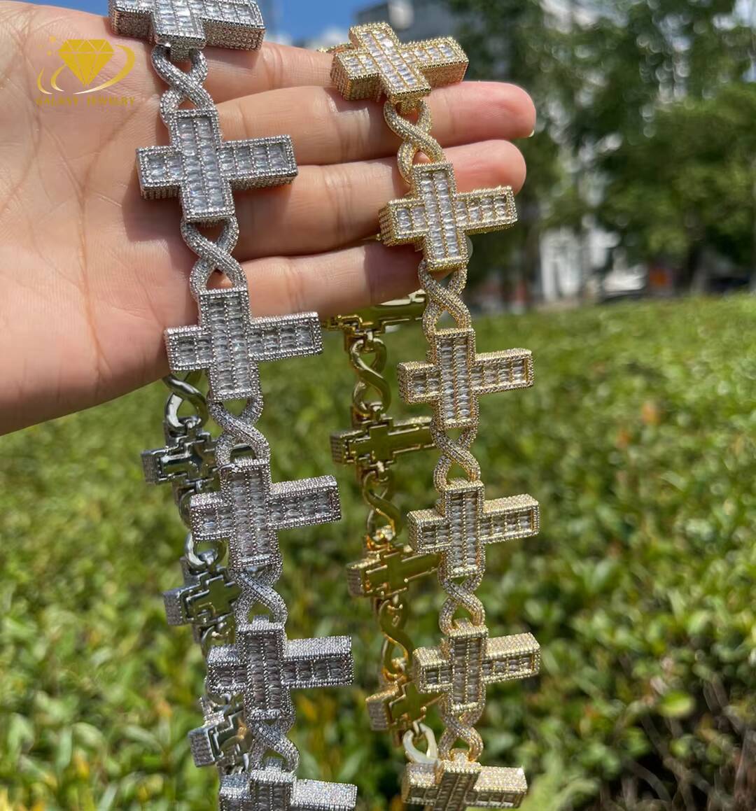 Hip Hop Iced Out 20mm Certified Chains Colorless Moissanite Diamond Bracelet Baguette Cross Infinity Cuban Link Chain Necklace