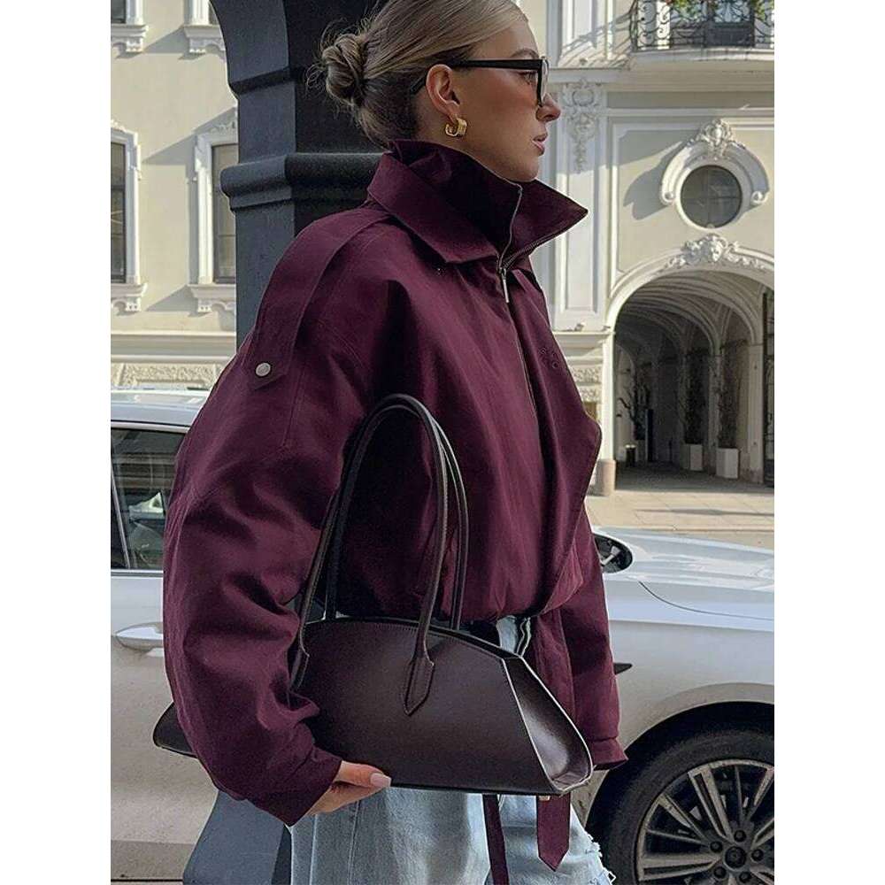 Fashion Bury Zipper Bomber Jacket Women Loose Stand Collar Button Long Sleeve Pocket Short Coat Lady Street Outerwear 2025