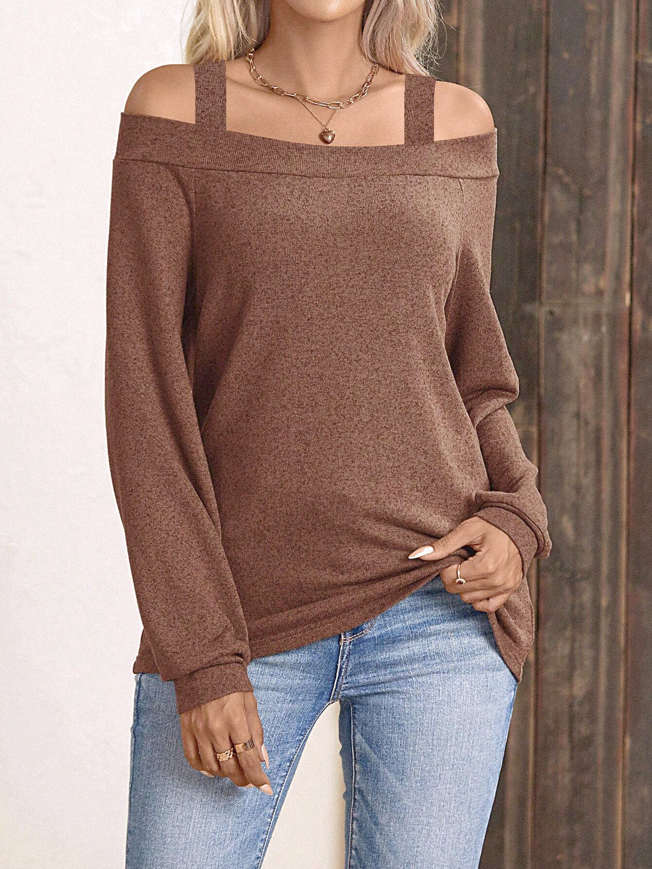 Women's Spring Summer Long Sleeve Fashion Off-Shoulder Solid Color Top T-Shirt