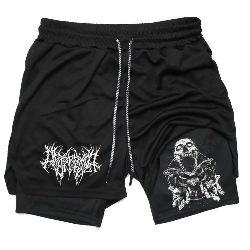 Y2K Performance Shorts Men Quick-drying Fitness Skull Print Double Layer Shorts Workout Training Running Bodybuilding Sportwear Y250814