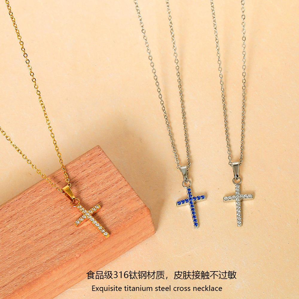 American Style Stainless Steel Gold Cross Zircon Necklace Non-Fading Women's Light Niche Accessories Jewelry for Women